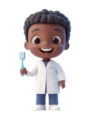 Cute cartoon character of a young boy with dark curly hair, wearing a white lab coat and holding a fork, perfect for children's health or education themes