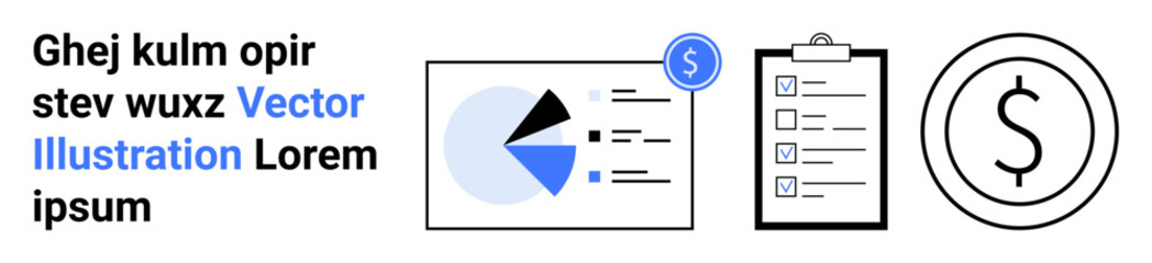 Pie chart with segments, clipboard checklist, dollar sign in circle. Ideal for finance, analytics, planning, business strategy, budgeting, reporting education simple landing page