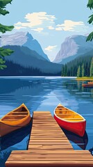 Obraz premium Two canoes docked on a wooden pier at a calm lake