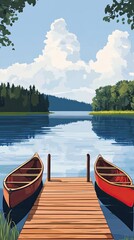 Obraz premium Two canoes sit peacefully on a wooden dock at the lake