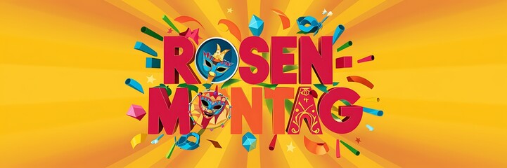 Fototapeta premium A bold and festive 2D graphic design celebrating Rosenmontag featuring the word ‘Rosenmontag’ in dynamic typography surrounded by colorful streamers, confetti, drums, balloons in lively carnival style