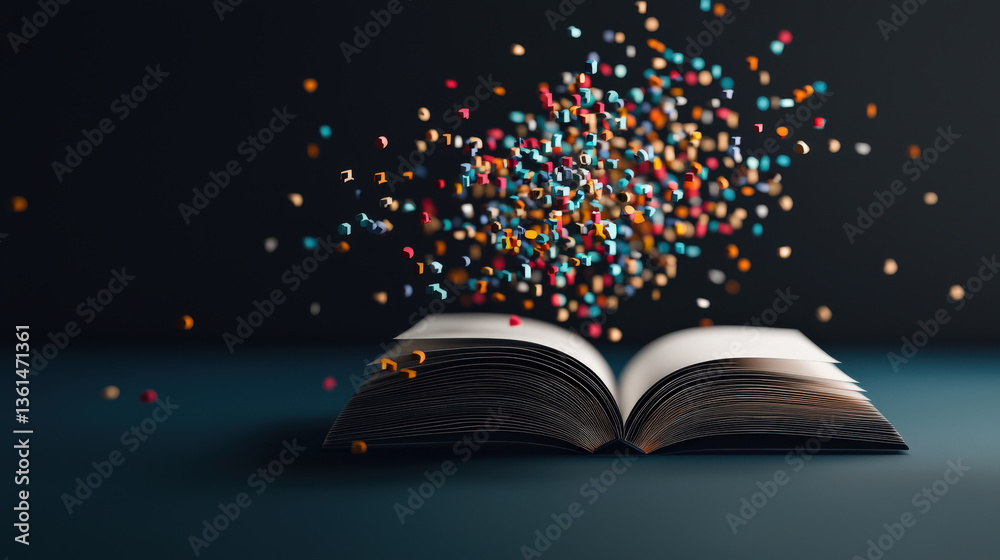 Leinwandbilder open book with colorful particles emerging from its pages symbolizes creativity and imagination. dar
