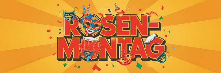 Fototapeta premium A bold and festive 2D graphic design celebrating Rosenmontag featuring the word ‘Rosenmontag’ in dynamic typography surrounded by colorful streamers, confetti, drums, balloons in lively carnival style