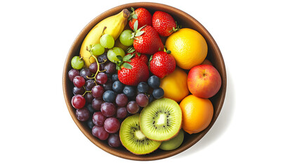 Top View of a Bowl of Fresh Fruits Isolated on white and transparent background. PNG