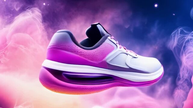 Elegant sneaker design is presented against a colorful backdrop, highlighting unique features, comfort, and style in an urban environment