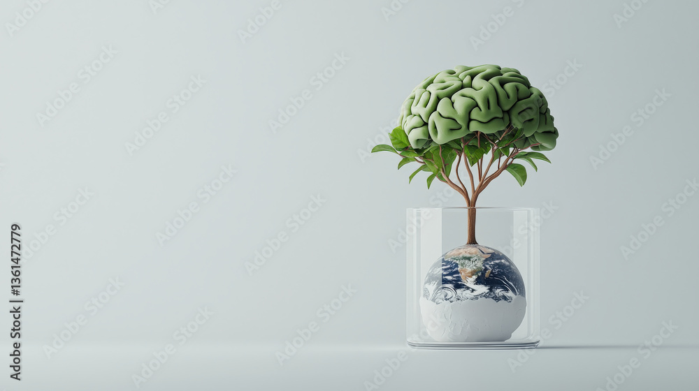 Poster tree with brain shaped canopy grows from globe in glass container, symbolizing connection between nature and human intellect. minimalist design emphasizes sustainability