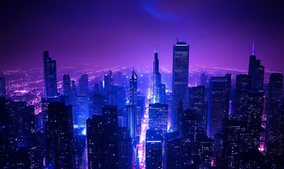 Fototapeta premium A dark blue and purple city skyline with skyscrapers and water in the foreground