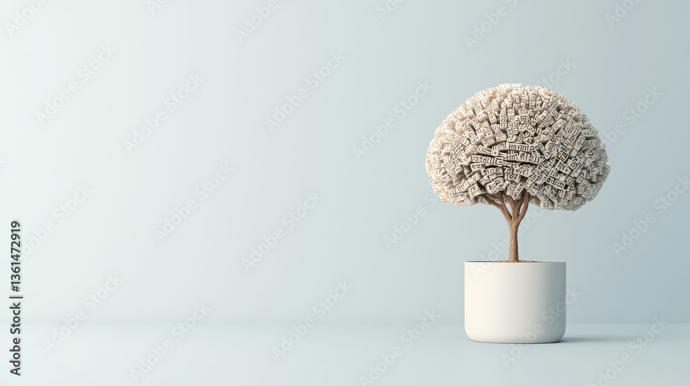 Poster brain shaped tree with intricate branches grows from white pot, symbolizing creativity and knowledge. minimalist background enhances focus on unique design