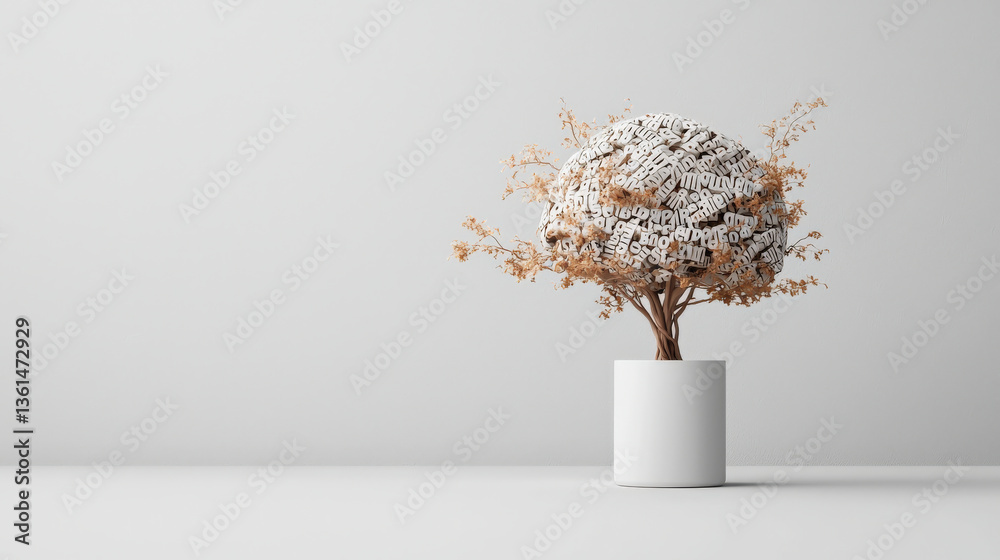 Poster tree with branches forming brain shape, adorned with letters, grows from white pot against minimalist background, symbolizing creativity and knowledge