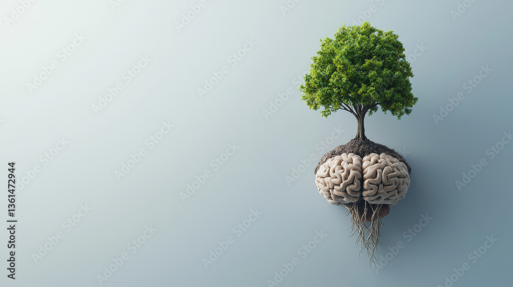 Poster tree with lush green leaves grows from brain, symbolizing connection between nature and intellect. roots intertwine with brain, emphasizing growth and knowledge
