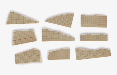 Torn Paper Notes with Grid and Lined Texture on White Background