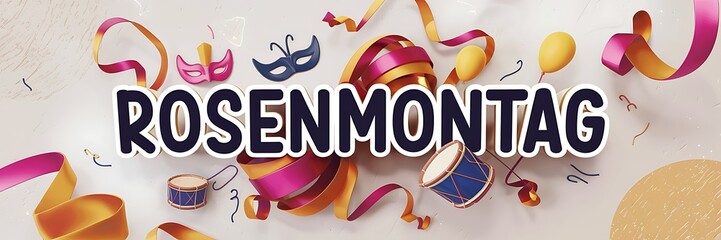 A bold and festive 2D graphic design celebrating Rosenmontag featuring the word &lsquo;Rosenmontag&rsquo; in dynamic typography surrounded by colorful streamers, confetti, drums, balloons in lively carnival style