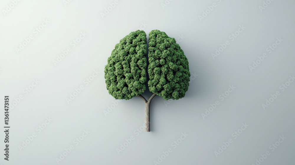 Poster tree shaped like brain symbolizes connection between nature and intelligence, highlighting environmental awareness and creativity. green foliage contrasts with simple background