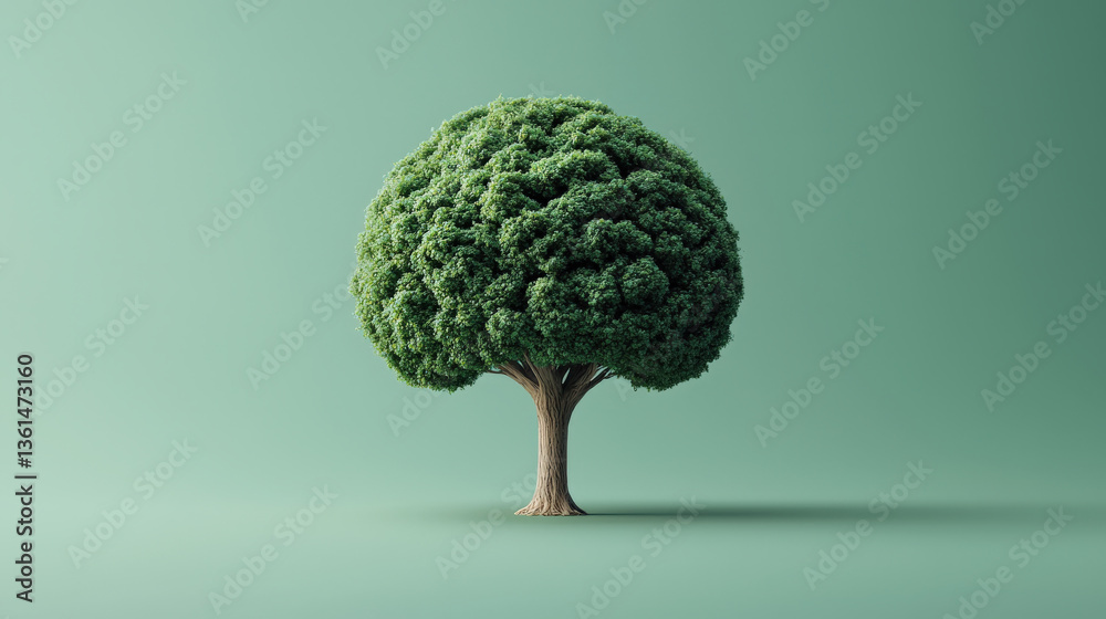 Poster tree with lush, rounded canopy stands against solid green background, resembling brain in its intricate texture. image evokes sense of calm and connection to nature
