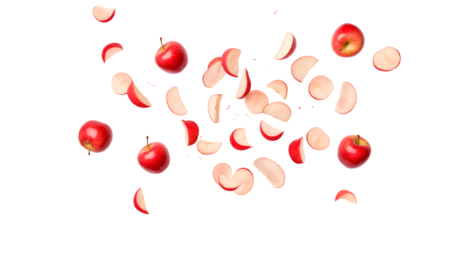Scattered red apples and apple slices on a black background