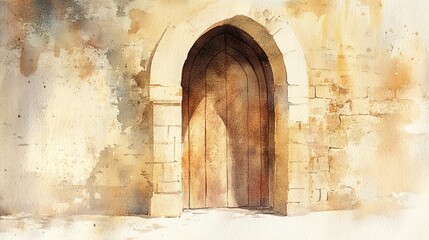 Watercolor of an arched church door slightly ajar with warm light shining through, in soft beige tones.