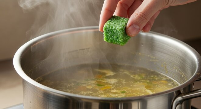 Adding Bouillon Cube to Simmering Soup in Pot for Flavor Enhancement