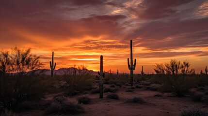 Sonoran Desert Sunset with Saguaro Cacti Silhouetted Against Fiery Sky