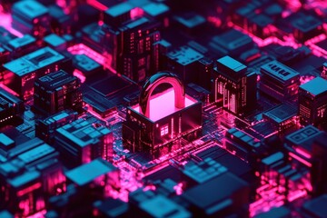 Digital padlock icon securing data on a network of circuit boards and processors, padlock icon and digital data processing over computer servers