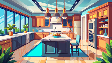 A luxurious modern kitchen with high-end appliances, marble floors, and a spacious island