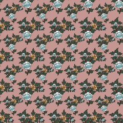 Floral pattern features repeating clusters of stylized flowers with teal petals and gold centers, surrounded by dark green leaves. 