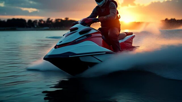 Exciting moments of jet ski riding on calm waters as the sun sets