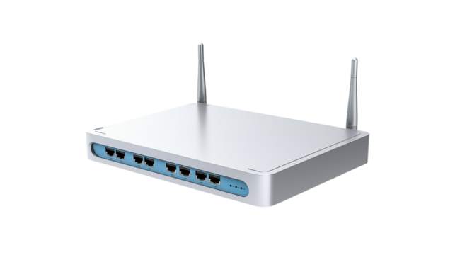 Close up of a white wireless router with two silver antennas - Powered by Adobe