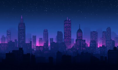Fototapeta premium A dark blue city skyline with tall buildings and neon lights, a gradient background
