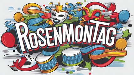 Fototapeta premium A bold and festive 2D graphic design celebrating Rosenmontag featuring the word ‘Rosenmontag’ in dynamic typography surrounded by colorful streamers, confetti, drums, balloons in lively carnival style
