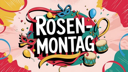 A bold and festive 2D graphic design celebrating Rosenmontag featuring the word &lsquo;Rosenmontag&rsquo; in dynamic typography surrounded by colorful streamers, confetti, drums, balloons in lively carnival style