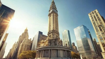 A historical landmark surrounded by modern skyscrapers.