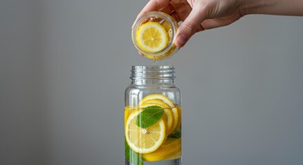 Adding Lemon Slices Into a Glass Jar with Refreshing Water