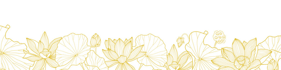 Golden Lotus line art banner, flowers, leaves and seeds. Vector in white background, Hand drawn illustrations. Elegant design, wedding invitation, greeting card, wall art.