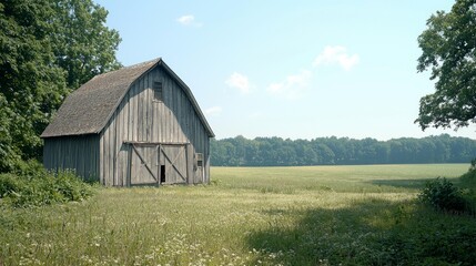 Obraz premium Rustic Barn in a Serene Summer Field: Idyllic Countryside Landscape Photography