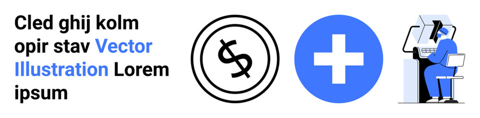 Obraz premium Doctor at desk with computer beside blue medical cross and currency icons. Ideal for healthcare, finance, technology, digital records, medical research, insurance, or telemedicine concepts. Abstract