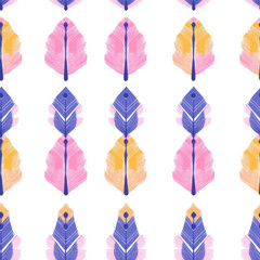 Colorful seamless pattern with geometric feather shapes in pink, yellow, and blue