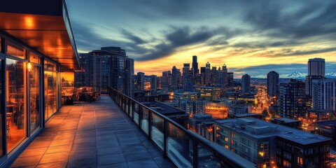 Fototapeta premium Cityscape Rooftop at Twilight: An urban panorama unfolds as twilight paints the sky with hues of amber and indigo, overlooking a modern city skyline from a rooftop terrace
