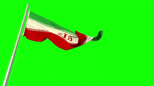 flag of Iran is waving on strong wind on chroma key screen, isolated