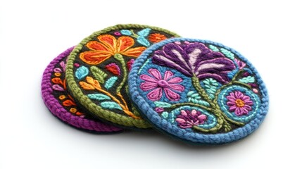 Hand-Embroidered Wool Coasters: A Vibrant Floral Trio