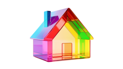 A colorful glass house with a chimney on a black background