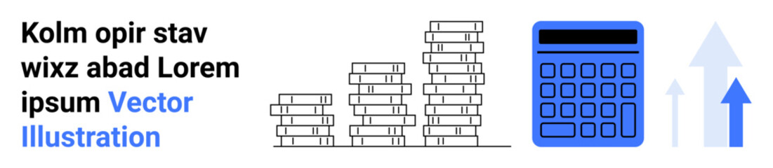 Stacked coins, calculator, and arrows convey financial growth, business analysis, and strategy. Ideal for finance, business, budget, strategy statistics education and a simple landing page