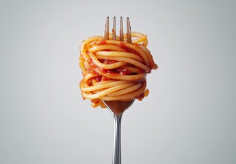Delicious spaghetti twirled on a fork with tomato sauce, showcased against a simple background, perfect for food lovers and culinary enthusiasts