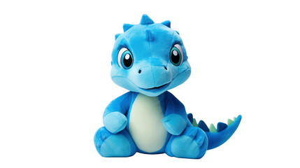 Close up of a blue stuffed dragon toy sitting upright