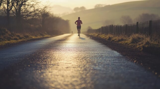 Solitary runner on a rural road during the golden hour, a landscape of fitness