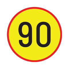 Speed limit 90km round road traffic icon sign flat style design vector illustration set isolated on white background. Circle standard road sign with number kmh in eps 10.