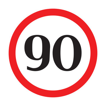 Speed limit 90km round road traffic icon sign flat style design vector illustration set isolated on white background. Circle standard road sign with number kmh in eps 10.