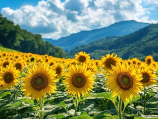 Obraz premium Sunflower Paradise: A vibrant field of sunflowers basks under a bright, cloudy sky, with majestic mountains providing a stunning backdrop. This idyllic scene perfectly captures the essence of summer.