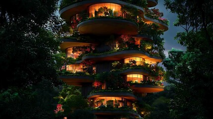 Nighttime tropical oasis spiraling green architecture urban jungle digital art serene environment aerial view sustainable design