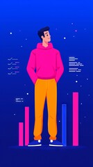 Naklejka premium Confident young man in stylish attire analyzing data trends urban setting illustration digital environment creative perspective