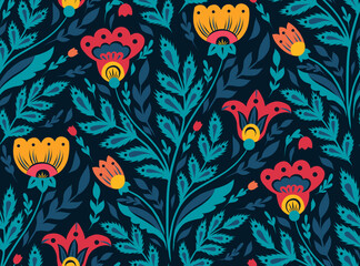 Obraz premium Vector decorative seamless pattern with floral composition. Surface design with bouquet of flowers in folk art style on dark background. Texture with blooming wildflowers in traditional style